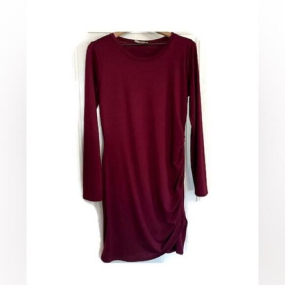 NWOT Axis Burgundy Side Ruched, Bodycon, Long Sleeve Sweater/T-shirt Dress Large - Picture 1 of 5
